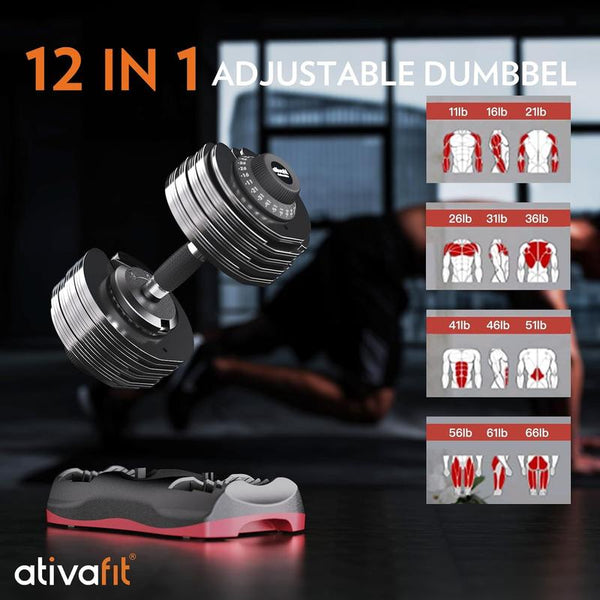 Ativafit 66LBS Adjustable Dumbbell Set | DT1166 with Anti-Slip Handle 12 in 1 Quick Dial Adjustment Weights with Safety Locking Button Space Saving Strength Training for Full Body Home Gym Workout
