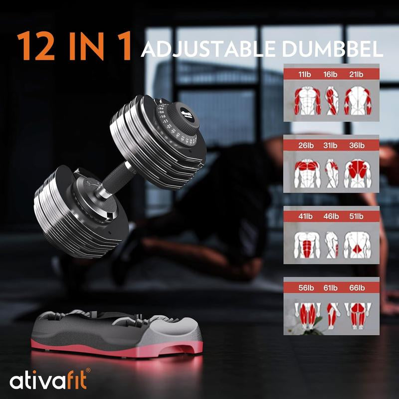 Ativafit 66LBS Adjustable Dumbbell Set | DT1166 with Anti-Slip Handle 12 in 1 Quick Dial Adjustment Weights with Safety Locking Button Space Saving Strength Training for Full Body Home Gym Workout
