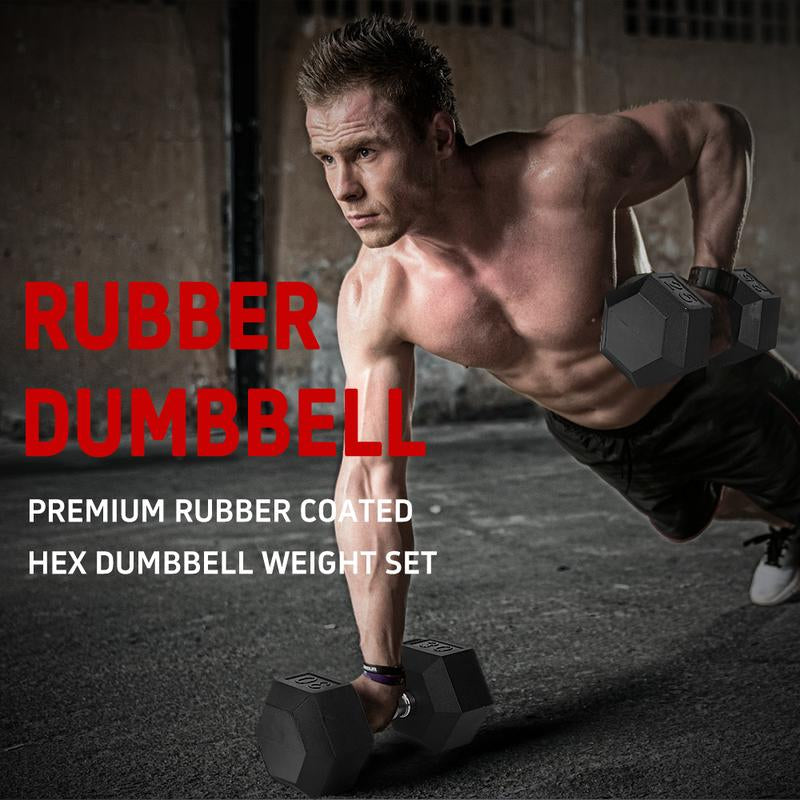 2Piece HDRS Rubber Coated Solid Cast Iron Dumbbell with Contoured Chrome Handle, Hexagon Head