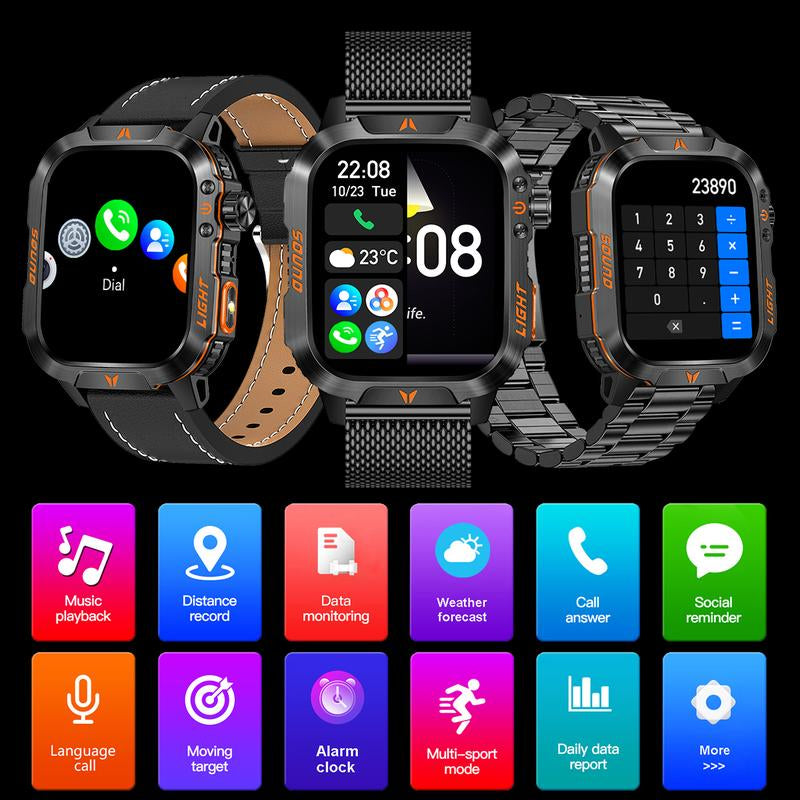 New Men'S Outdoor Sports Smart Watch 2.01 Inch, Wireless Call, LED Flashlight, Mobile Phone Synchronization Information, IP68 Waterproof, 100+ Sports Mode, One-Button Connection, Mobile Phone Full System Connection, Outdoor Sports Preferred Wearable