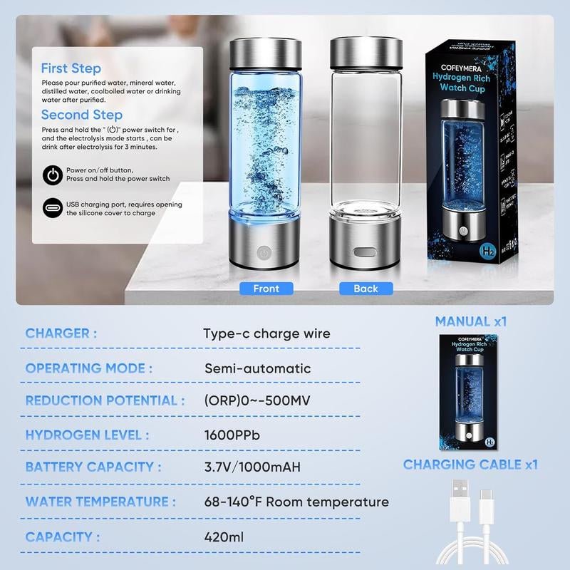 2025 New Hydrogen Water Generator Bottles, Portable Hydrogenated Water Bottle with SPE PEM Technology, 420Ml Hydrogen Water Bottle Generator, Rechargeable Ionizer Machine for Home, Office, and Travel Brand: ZIHUOFAN