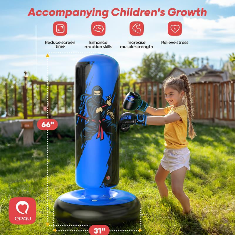 Christmas Gifts QPAU Kids Boxing Bag with Gloves 66-Inch Stabilized Inflatable Boxing Set for Boys Girls Ages 5-12 Karate Kickboxing MMA Sports Equipment Gift Training Durability Rebound