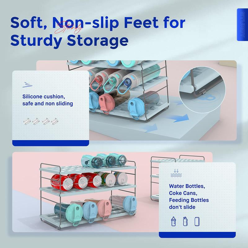 Water Bottle Organizer for Cabinet, 3-Shelf Expandable & Height Adjustable Storage Rack for Kitchen Cabinets Pantry, Tumbler Organizer for Cups with Straws (Powder Blue, Purple, Marble Print ) Plastic Installation Waterbottle Organizer