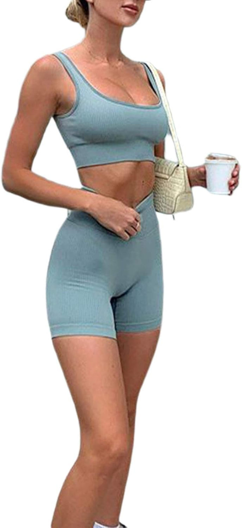 Women'S Athletic Clothing Sets 2 Pcs Sports Workout Suit Sexy Ribbed Crop Tank High Waist Shorts Yoga Outfit