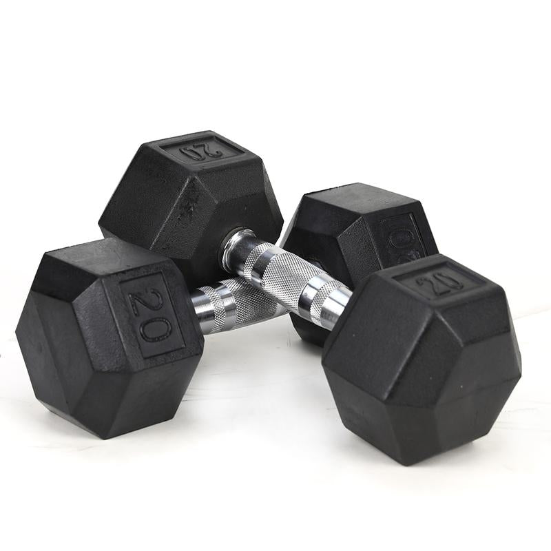 2Piece HDRS Rubber Coated Solid Cast Iron Dumbbell with Contoured Chrome Handle, Hexagon Head