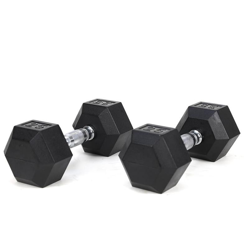 2Piece HDRS Rubber Coated Solid Cast Iron Dumbbell with Contoured Chrome Handle, Hexagon Head