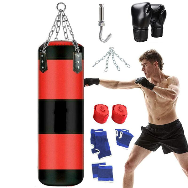 Black Hanging Punching Bag for Adults - Oxford Boxing Bag Set with Unfilled Punching Bag, 39'' Boxing Gloves & Hand Wraps - Versatile Boxing Training Equipment for Kick Boxing Karate & More