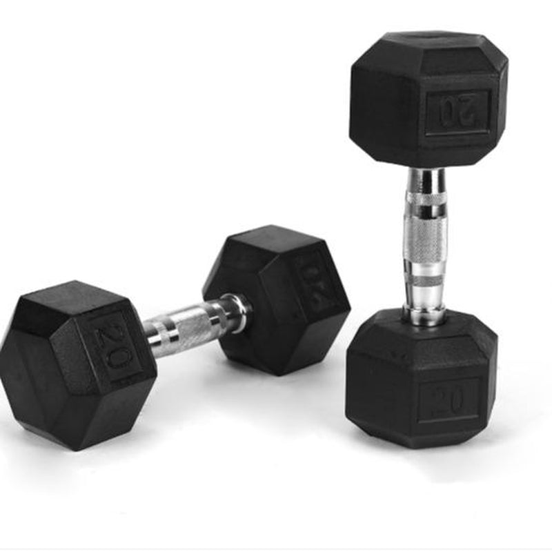 2Piece HDRS Rubber Coated Solid Cast Iron Dumbbell with Contoured Chrome Handle, Hexagon Head