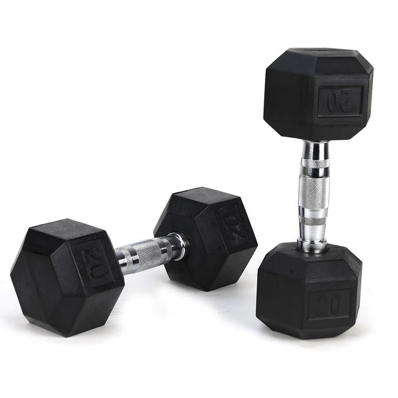 2Piece HDRS Rubber Coated Solid Cast Iron Dumbbell with Contoured Chrome Handle, Hexagon Head