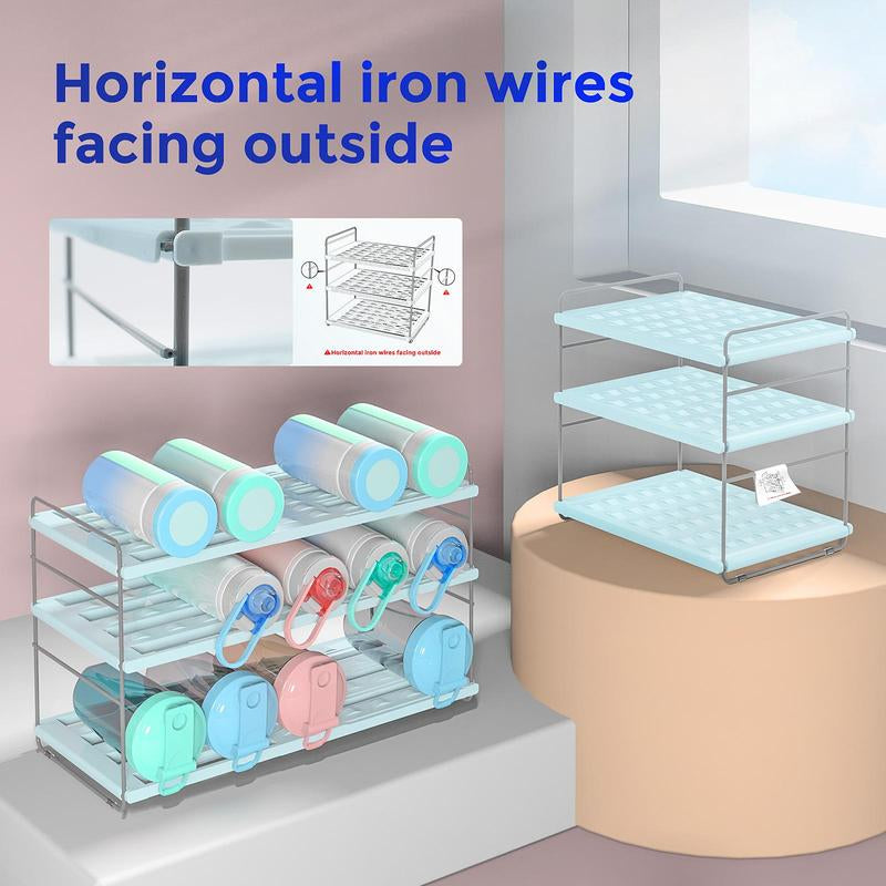 Water Bottle Organizer for Cabinet, 3-Shelf Expandable & Height Adjustable Storage Rack for Kitchen Cabinets Pantry, Tumbler Organizer for Cups with Straws (Powder Blue, Purple, Marble Print ) Plastic Installation Waterbottle Organizer