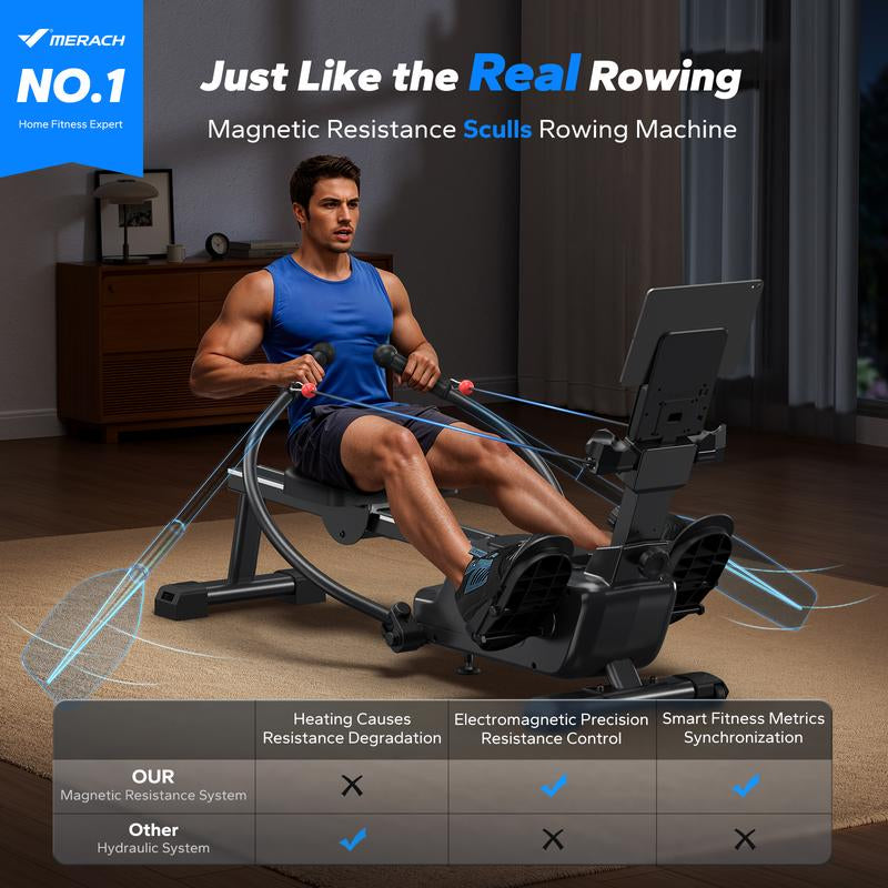 Merach Sculls Rowing Machines for Home, Magnetic Rowing Machine with 16-Level, Simulate Real Row, Ultra-Quiet Rower, Compatible Ergonomic Design