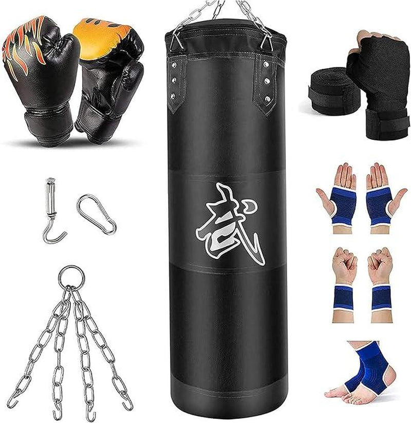 4Ft Heavy Punching Bag Set for Adults Indoor Garden Boxing Bag Kit with Punching Gloves Wraps Chain Ceiling Hook Unfilled Ideal for MMA Kickboxing Muay Thai Karate Taekwondo Complete Home Workout Gear for Fitness Enthusiasts