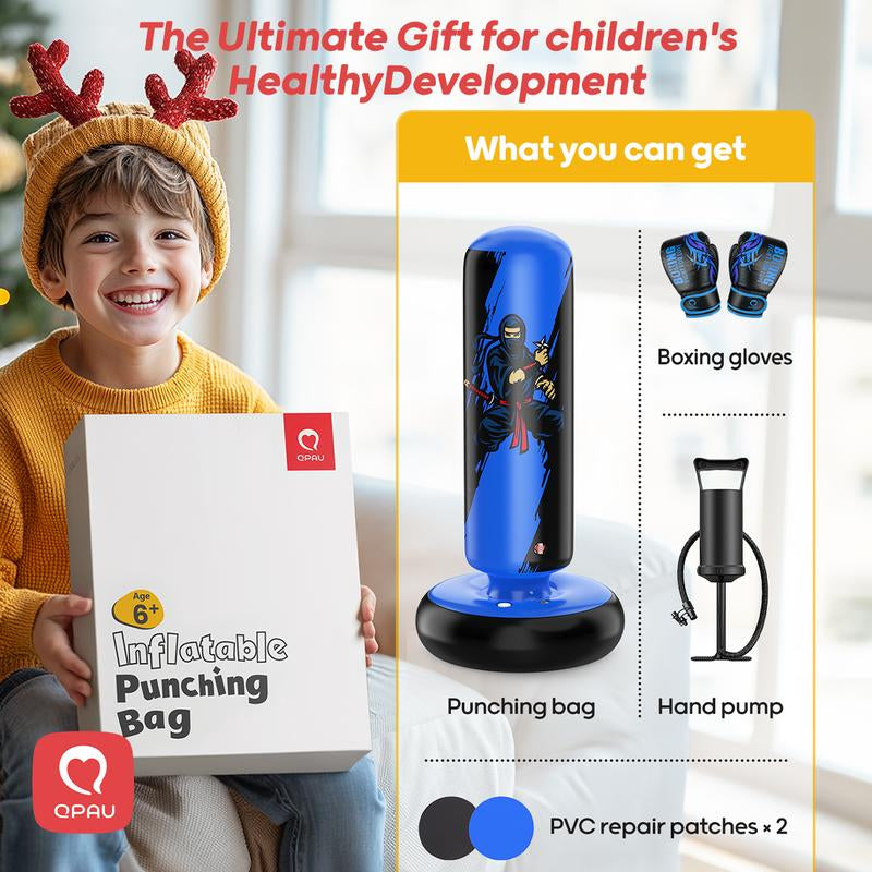 Christmas Gifts QPAU Kids Boxing Bag with Gloves 66-Inch Stabilized Inflatable Boxing Set for Boys Girls Ages 5-12 Karate Kickboxing MMA Sports Equipment Gift Training Durability Rebound