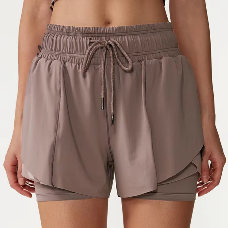 Fake Two Pieces Fitness Short Women Solid Color Nylon Breathable Quick-Drying Sport Running Shorts Female Yoga Gym Clothing