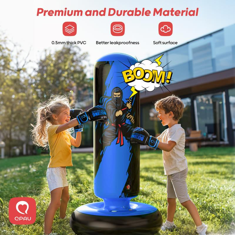 Christmas Gifts QPAU Kids Boxing Bag with Gloves 66-Inch Stabilized Inflatable Boxing Set for Boys Girls Ages 5-12 Karate Kickboxing MMA Sports Equipment Gift Training Durability Rebound