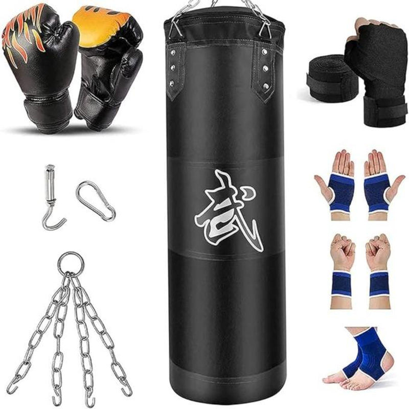 4Ft Heavy Punching Bag Set for Adults Indoor Garden Boxing Bag Kit with Punching Gloves Wraps Chain Ceiling Hook Unfilled Ideal for MMA Kickboxing Muay Thai Karate Taekwondo Complete Home Workout Gear for Fitness Enthusiasts