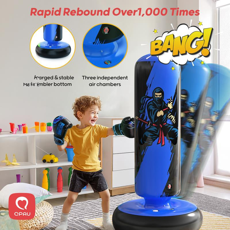 Christmas Gifts QPAU Kids Boxing Bag with Gloves 66-Inch Stabilized Inflatable Boxing Set for Boys Girls Ages 5-12 Karate Kickboxing MMA Sports Equipment Gift Training Durability Rebound