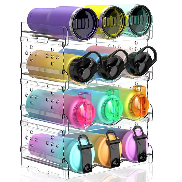 [New Deal] Water Bottle Organizer – 4-Pack Stackable Cup Holder for Cabinet, Countertop, Pantry, Fridge; Free-Standing Tumbler Storage Rack, Multicolor