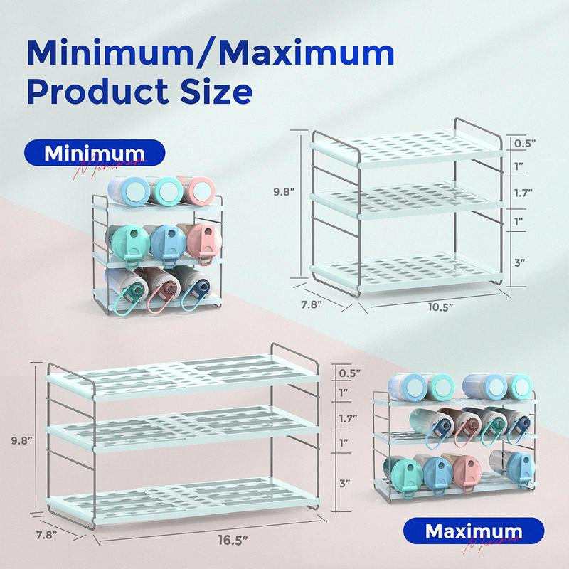 Water Bottle Organizer for Cabinet, 3-Shelf Expandable & Height Adjustable Storage Rack for Kitchen Cabinets Pantry, Tumbler Organizer for Cups with Straws (Powder Blue, Purple, Marble Print ) Plastic Installation Waterbottle Organizer