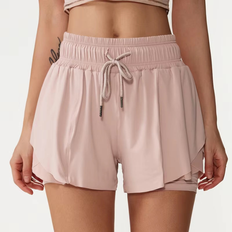 Fake Two Pieces Fitness Short Women Solid Color Nylon Breathable Quick-Drying Sport Running Shorts Female Yoga Gym Clothing