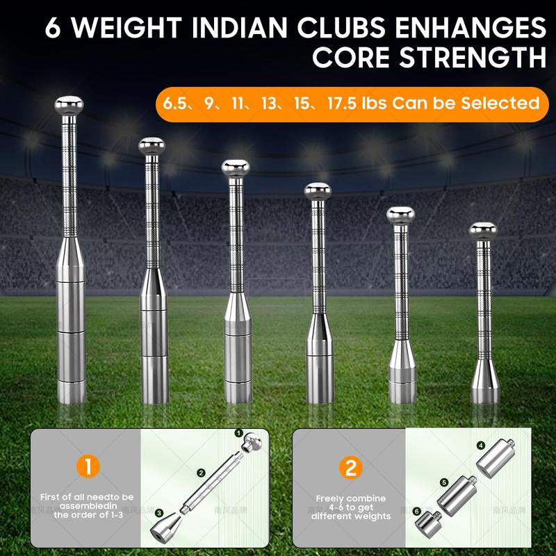 Adjustable Macebell Clubbell - 6-In-1 Premium Steel Indian Club for Full Body, Shoulder, and Forearm Strength Training - Ideal for Fitness, Mma, and Rehabilitation - Includes Forearm Strengthener, Grip Strength Tester, and Adjustable Weights (6.5-17.5Lbs)
