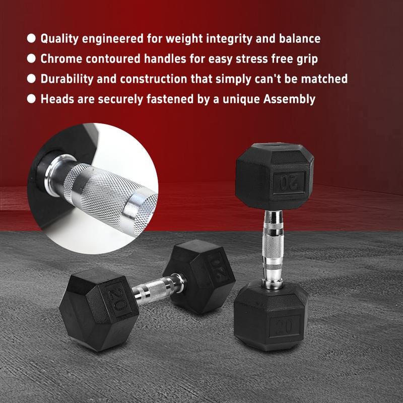 2Piece HDRS Rubber Coated Solid Cast Iron Dumbbell with Contoured Chrome Handle, Hexagon Head