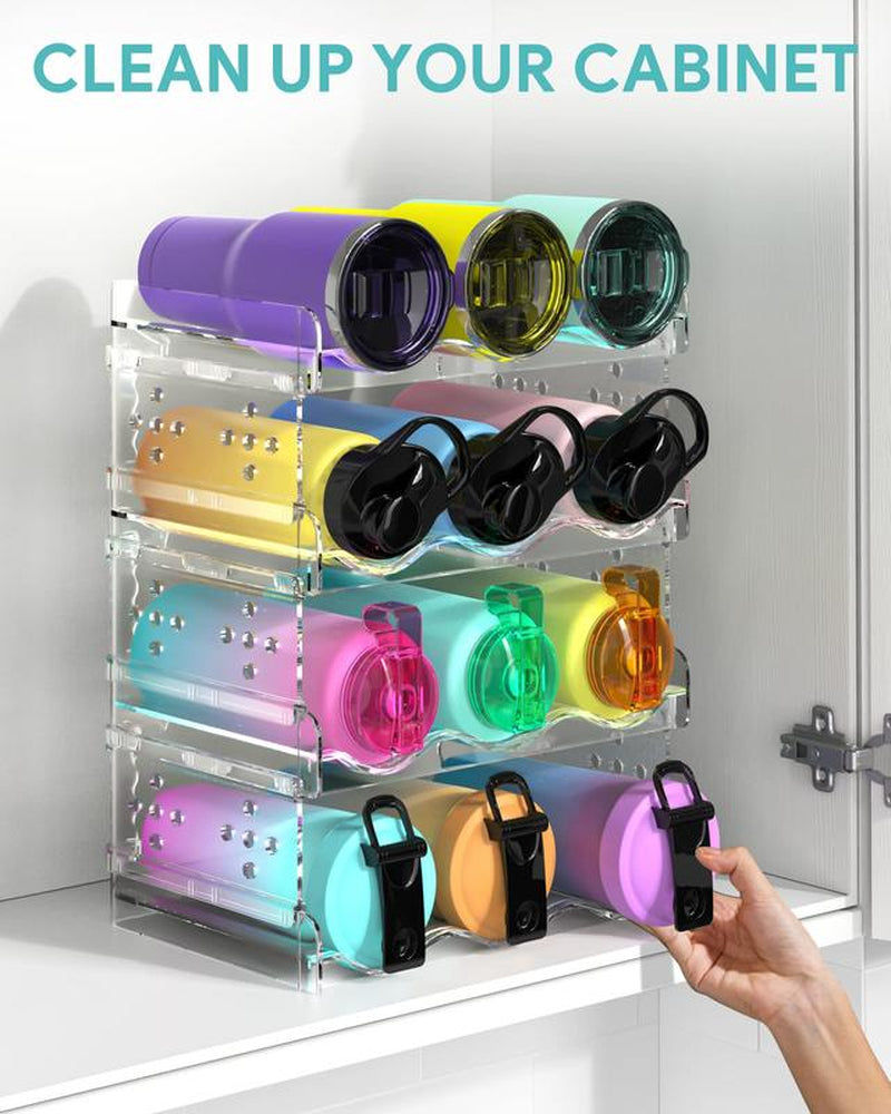 [New Deal] Water Bottle Organizer – 4-Pack Stackable Cup Holder for Cabinet, Countertop, Pantry, Fridge; Free-Standing Tumbler Storage Rack, Multicolor