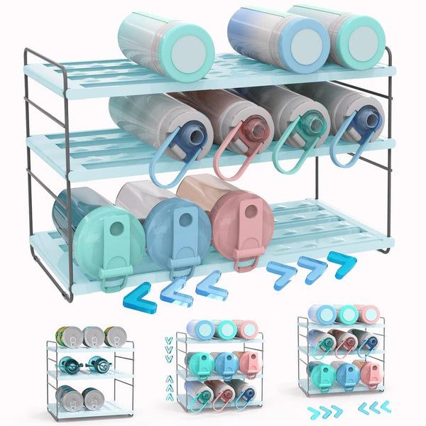 Water Bottle Organizer for Cabinet, 3-Shelf Expandable & Height Adjustable Storage Rack for Kitchen Cabinets Pantry, Tumbler Organizer for Cups with Straws (Powder Blue, Purple, Marble Print ) Plastic Installation Waterbottle Organizer