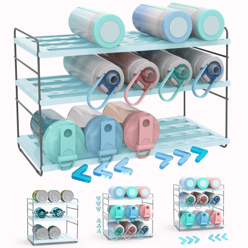 Water Bottle Organizer for Cabinet, 3-Shelf Expandable & Height Adjustable Storage Rack for Kitchen Cabinets Pantry, Tumbler Organizer for Cups with Straws (Powder Blue, Purple, Marble Print ) Plastic Installation Waterbottle Organizer