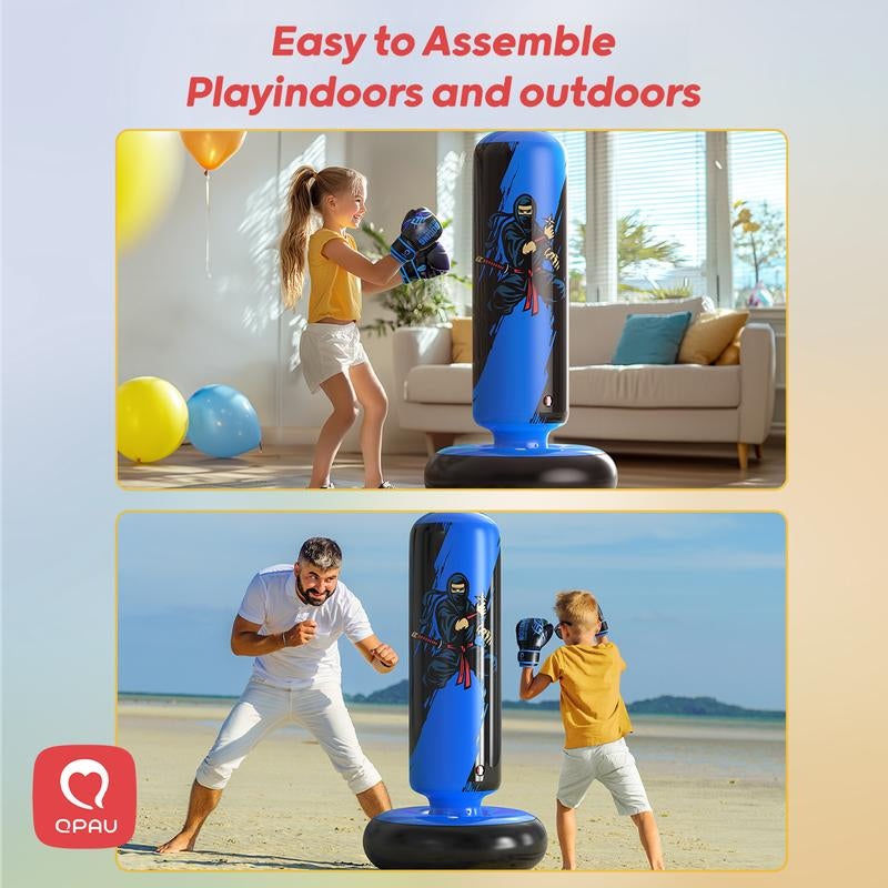 Christmas Gifts QPAU Kids Boxing Bag with Gloves 66-Inch Stabilized Inflatable Boxing Set for Boys Girls Ages 5-12 Karate Kickboxing MMA Sports Equipment Gift Training Durability Rebound