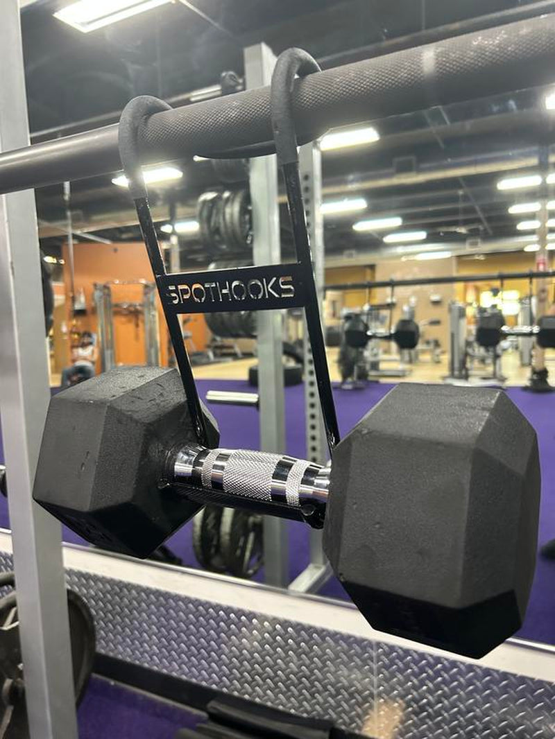 SPOT HOOKS Dumbbell Spotter Hooks Barbell Attachment for Chest and Shoulder Bench Press 220Lb Capacity Each No Bulky Wrap Straps Solid Steel Construction