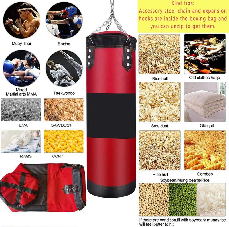 Black Hanging Punching Bag for Adults - Oxford Boxing Bag Set with Unfilled Punching Bag, 39'' Boxing Gloves & Hand Wraps - Versatile Boxing Training Equipment for Kick Boxing Karate & More