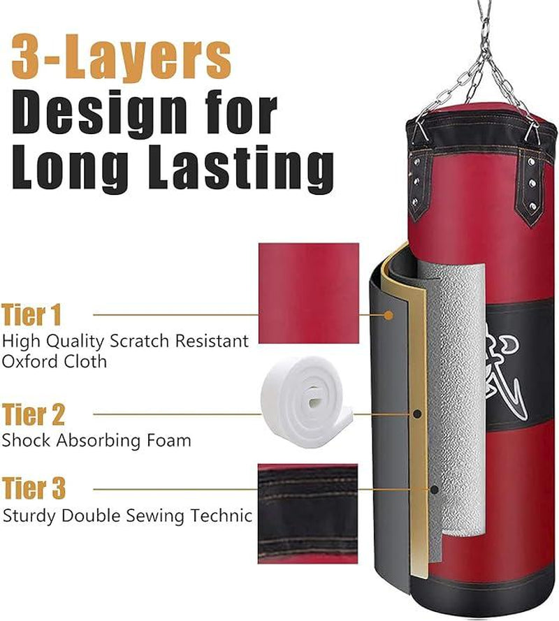 4Ft Heavy Punching Bag Set for Adults Indoor Garden Boxing Bag Kit with Punching Gloves Wraps Chain Ceiling Hook Unfilled Ideal for MMA Kickboxing Muay Thai Karate Taekwondo Complete Home Workout Gear for Fitness Enthusiasts