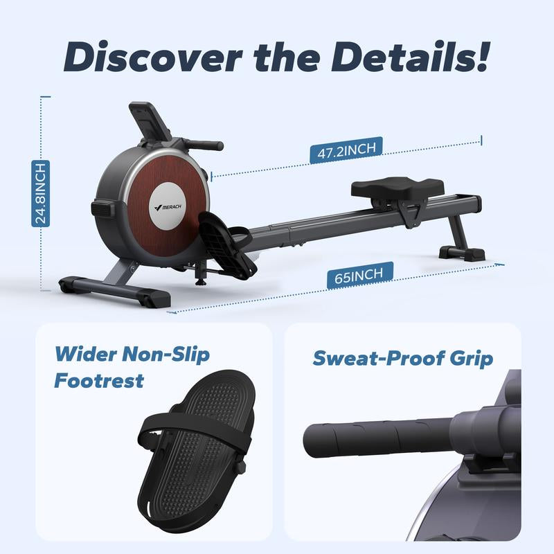 Merach Rowing Machine, Magnetic Rower Machine for Home, 16 Levels of Quiet Resistance, Dual Slide Rail with Max 350Lb Weight Capacity, App Compatible