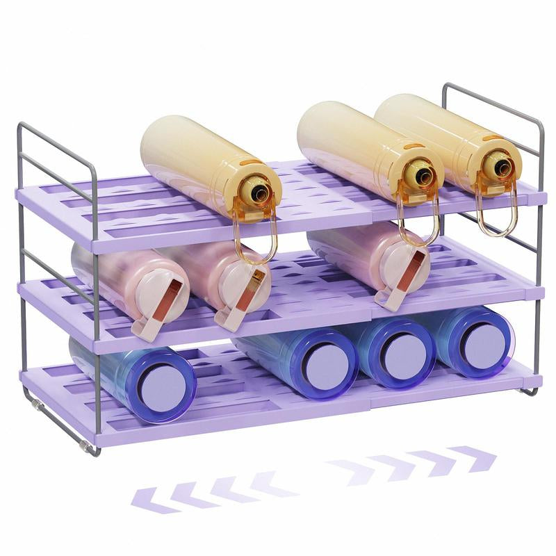 Water Bottle Organizer for Cabinet, 3-Shelf Expandable & Height Adjustable Storage Rack for Kitchen Cabinets Pantry, Tumbler Organizer for Cups with Straws (Powder Blue, Purple, Marble Print ) Plastic Installation Waterbottle Organizer