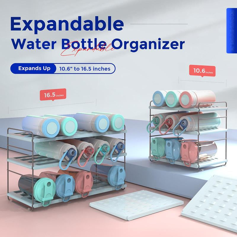 Water Bottle Organizer for Cabinet, 3-Shelf Expandable & Height Adjustable Storage Rack for Kitchen Cabinets Pantry, Tumbler Organizer for Cups with Straws (Powder Blue, Purple, Marble Print ) Plastic Installation Waterbottle Organizer