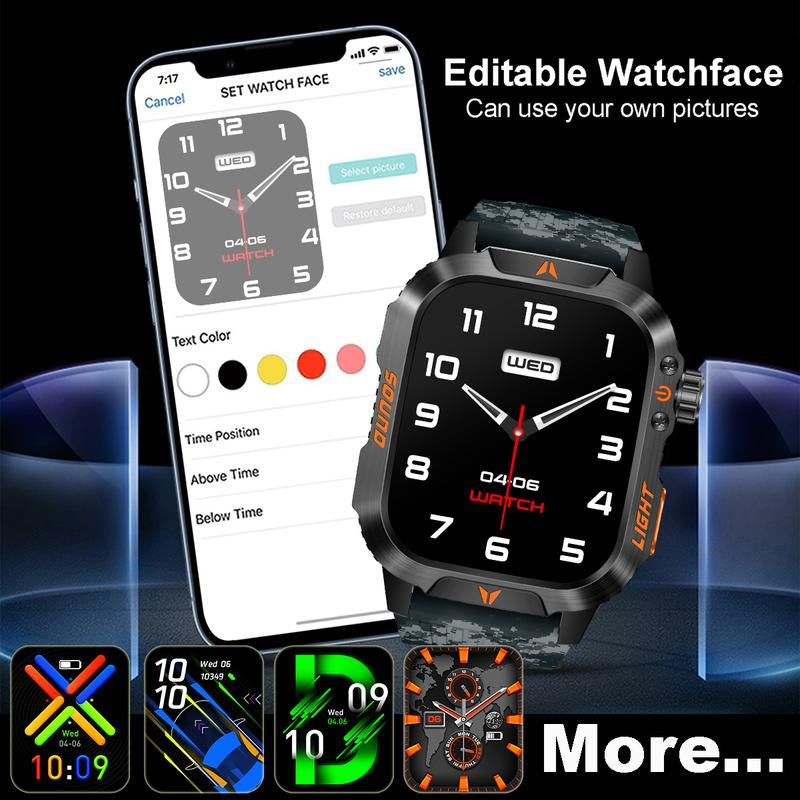 New Men'S Outdoor Sports Smart Watch 2.01 Inch, Wireless Call, LED Flashlight, Mobile Phone Synchronization Information, IP68 Waterproof, 100+ Sports Mode, One-Button Connection, Mobile Phone Full System Connection, Outdoor Sports Preferred Wearable