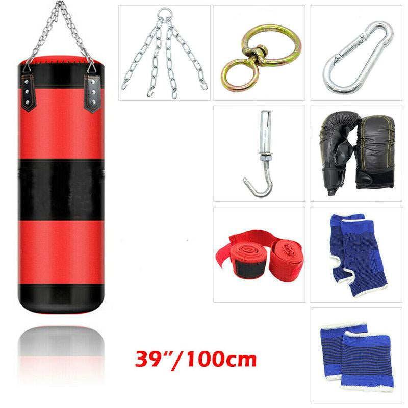 Black Hanging Punching Bag for Adults - Oxford Boxing Bag Set with Unfilled Punching Bag, 39'' Boxing Gloves & Hand Wraps - Versatile Boxing Training Equipment for Kick Boxing Karate & More