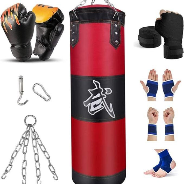 4Ft Heavy Punching Bag Set for Adults Indoor Garden Boxing Bag Kit with Punching Gloves Wraps Chain Ceiling Hook Unfilled Ideal for MMA Kickboxing Muay Thai Karate Taekwondo Complete Home Workout Gear for Fitness Enthusiasts