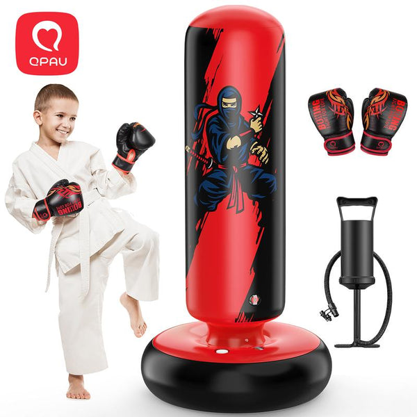 Christmas Gifts QPAU Kids Boxing Bag with Gloves 66-Inch Stabilized Inflatable Boxing Set for Boys Girls Ages 5-12 Karate Kickboxing MMA Sports Equipment Gift Training Durability Rebound