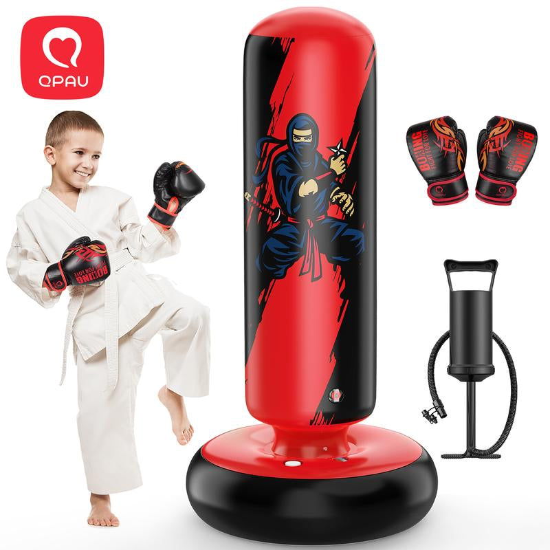 Christmas Gifts QPAU Kids Boxing Bag with Gloves 66-Inch Stabilized Inflatable Boxing Set for Boys Girls Ages 5-12 Karate Kickboxing MMA Sports Equipment Gift Training Durability Rebound