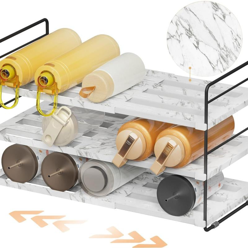 Water Bottle Organizer for Cabinet, 3-Shelf Expandable & Height Adjustable Storage Rack for Kitchen Cabinets Pantry, Tumbler Organizer for Cups with Straws (Powder Blue, Purple, Marble Print ) Plastic Installation Waterbottle Organizer