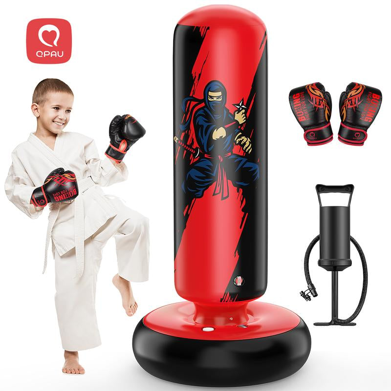 Christmas Gifts QPAU Kids Boxing Bag with Gloves 66-Inch Stabilized Inflatable Boxing Set for Boys Girls Ages 5-12 Karate Kickboxing MMA Sports Equipment Gift Training Durability Rebound