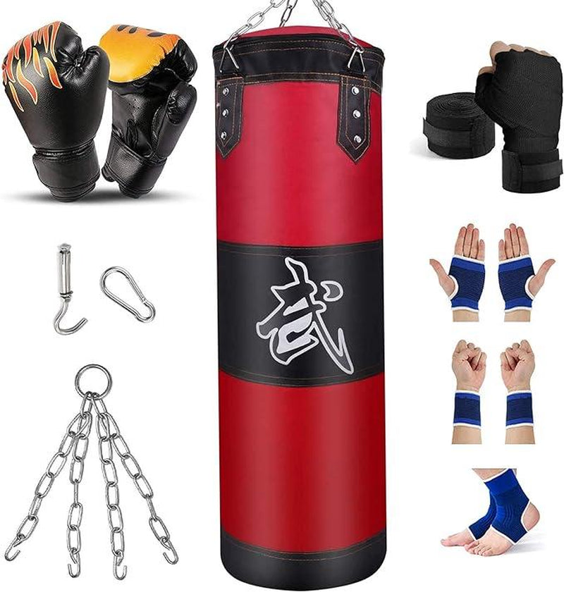4Ft Heavy Punching Bag Set for Adults Indoor Garden Boxing Bag Kit with Punching Gloves Wraps Chain Ceiling Hook Unfilled Ideal for MMA Kickboxing Muay Thai Karate Taekwondo Complete Home Workout Gear for Fitness Enthusiasts