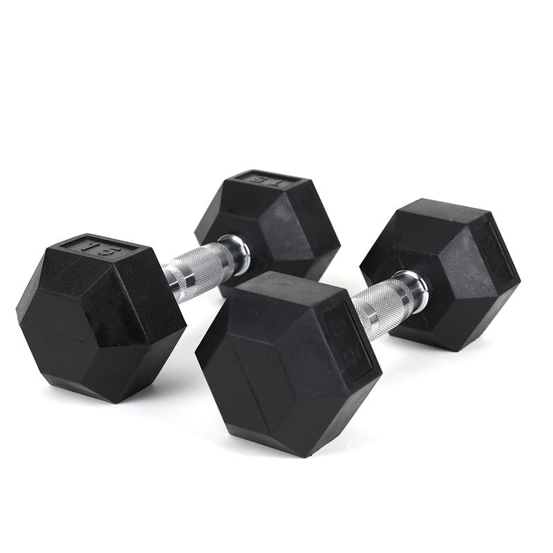 2Piece HDRS Rubber Coated Solid Cast Iron Dumbbell with Contoured Chrome Handle, Hexagon Head