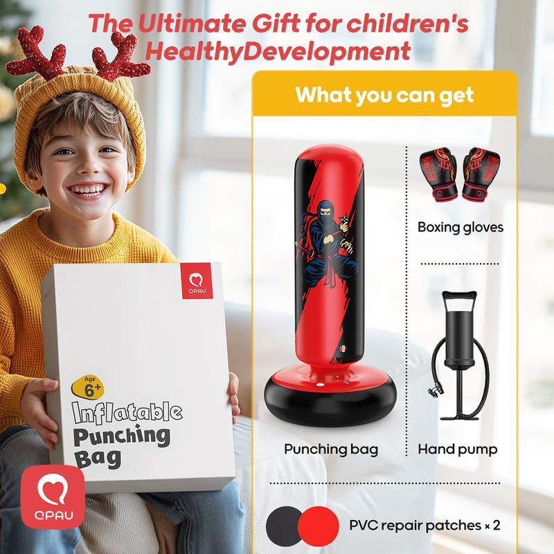 Christmas Gifts QPAU Kids Boxing Bag with Gloves 66-Inch Stabilized Inflatable Boxing Set for Boys Girls Ages 5-12 Karate Kickboxing MMA Sports Equipment Gift Training Durability Rebound