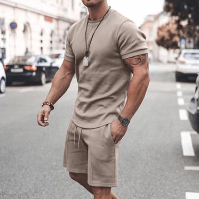 Men'S Short Sleeve T-Shirt and Shorts Set Sport Casual Crew Neck Muscle Sportswear 2 Piece Tracksuit Summer Outfits